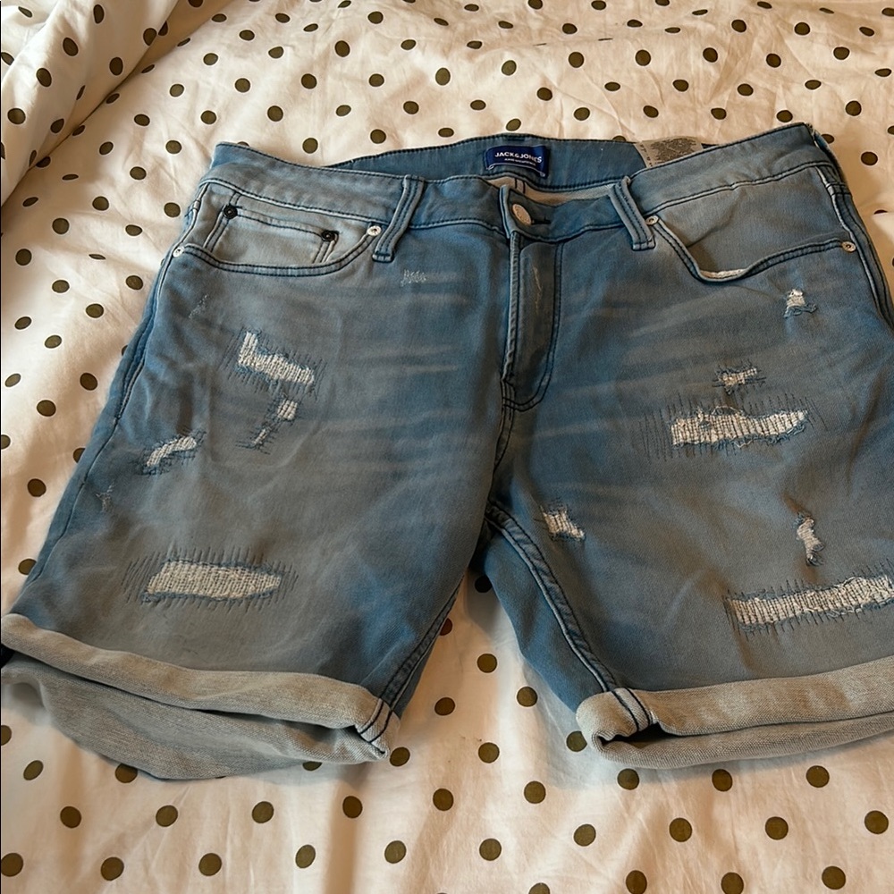 Jack and Jones Blue Jean Shorts with Distressed Style